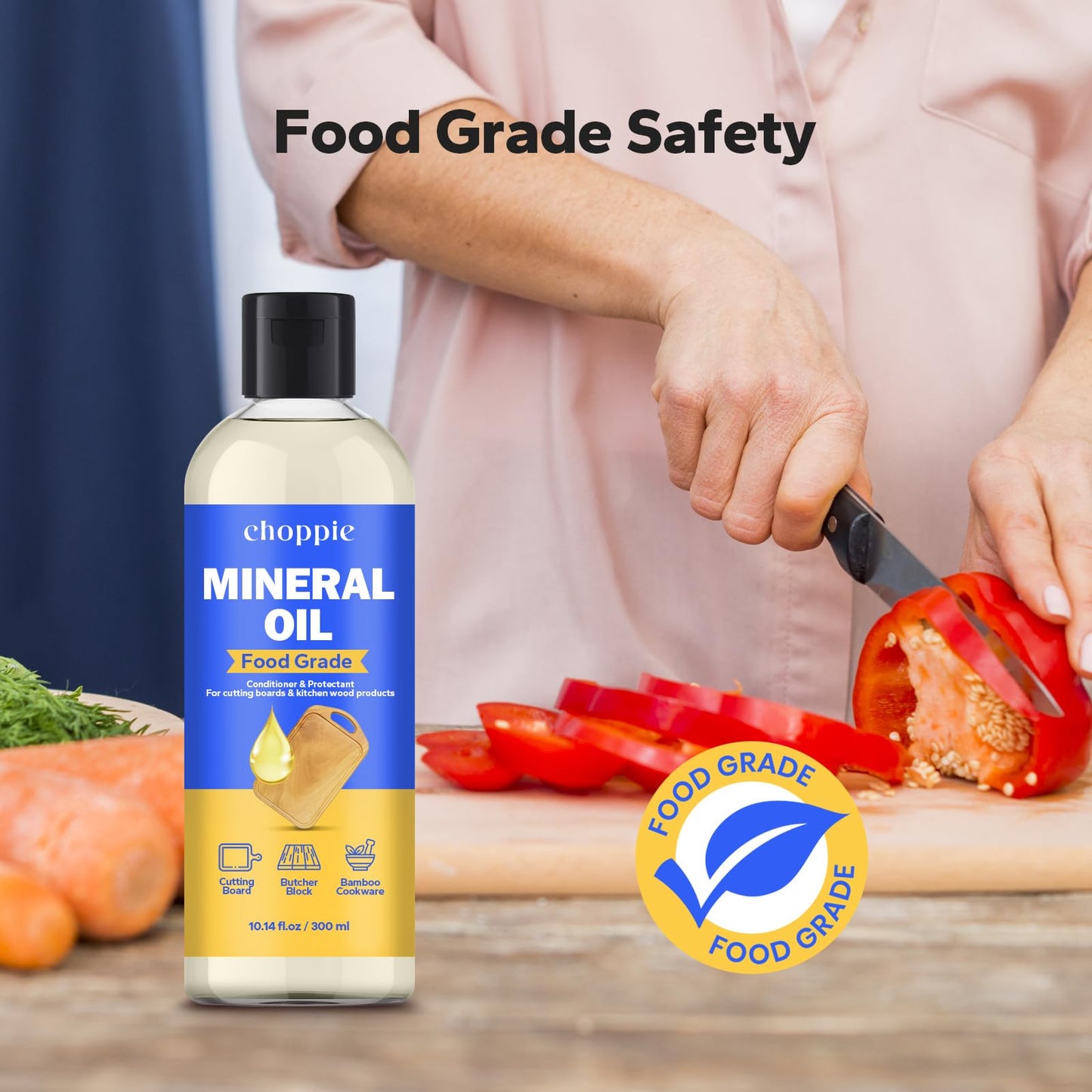 Choppie Mineral Oil (10.14 fl.oz), Food Grade Mineral Oil for Cutting Boards, Butcher Block for Maintaining Wooden & Bamboo Cutting Boards, Prevents Drying & Cracking