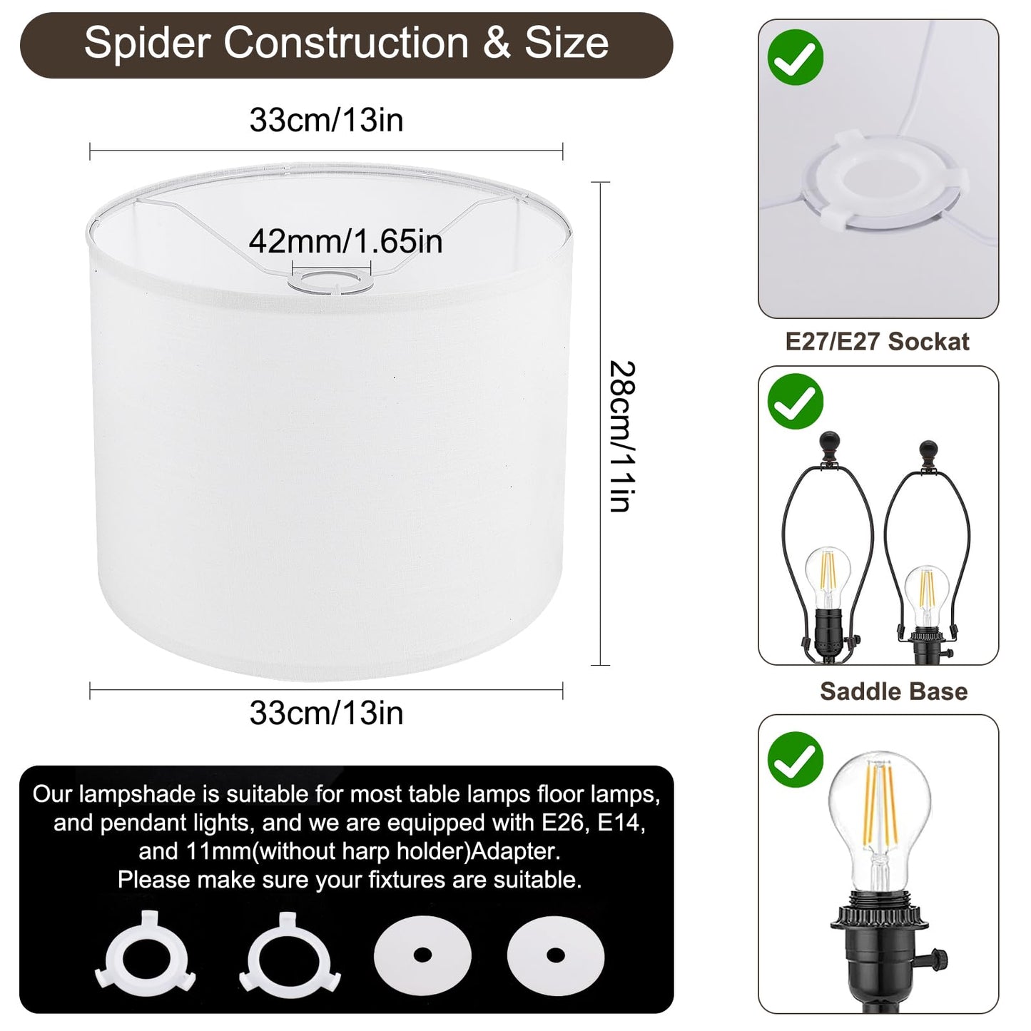 White Lamp Shade, Large Drum Lampshade 13" Top x 13" Bottom x 11" High (Spider), Replacement Lamp Shade Natural Linen Hand Crafted for Table Lamps Floor Lamps Chandelier Lamp, Easy Assembly Required