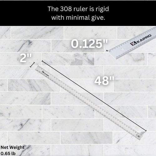 Kapro - 308 Straight Edge Ruler - ⅛” and 1/16” Increments - Contractor Grade - With Wear Resistant Printing - For Carpentry, Drywall, Drafting - Anodized Aluminum - 48 Inch