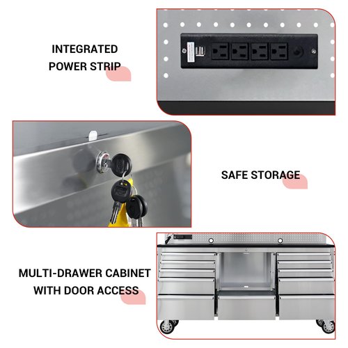 CT Copper Tailor 72-Inch Rolling Tool Chest with 11 Drawers & 4 Cabinets, Pegboard, Power Strip,LED Light,Mobile Workbench for Garage,Workshop,Stainless Steel