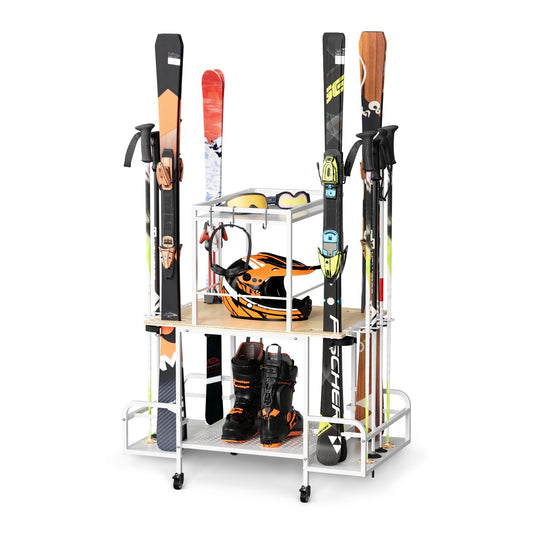 bimiti Freestanding Ski Rack for Garage, 2-Tier Ski Organizer with Storage for 4 Pairs of Skis, Boots, Poles, Goggles & Helmet, Space-Saving Ski Storage Rack for Home