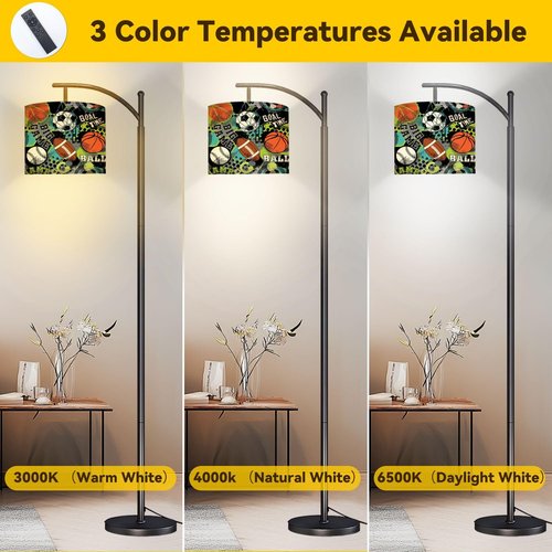 DERUINVAIO Basketball Seamless Sport Rugby Baseball Arc Floor Lamp with Remote Tall Standing Light Working with Adjust Head Dimmable LED Bulb Reading Light for Living Room Office