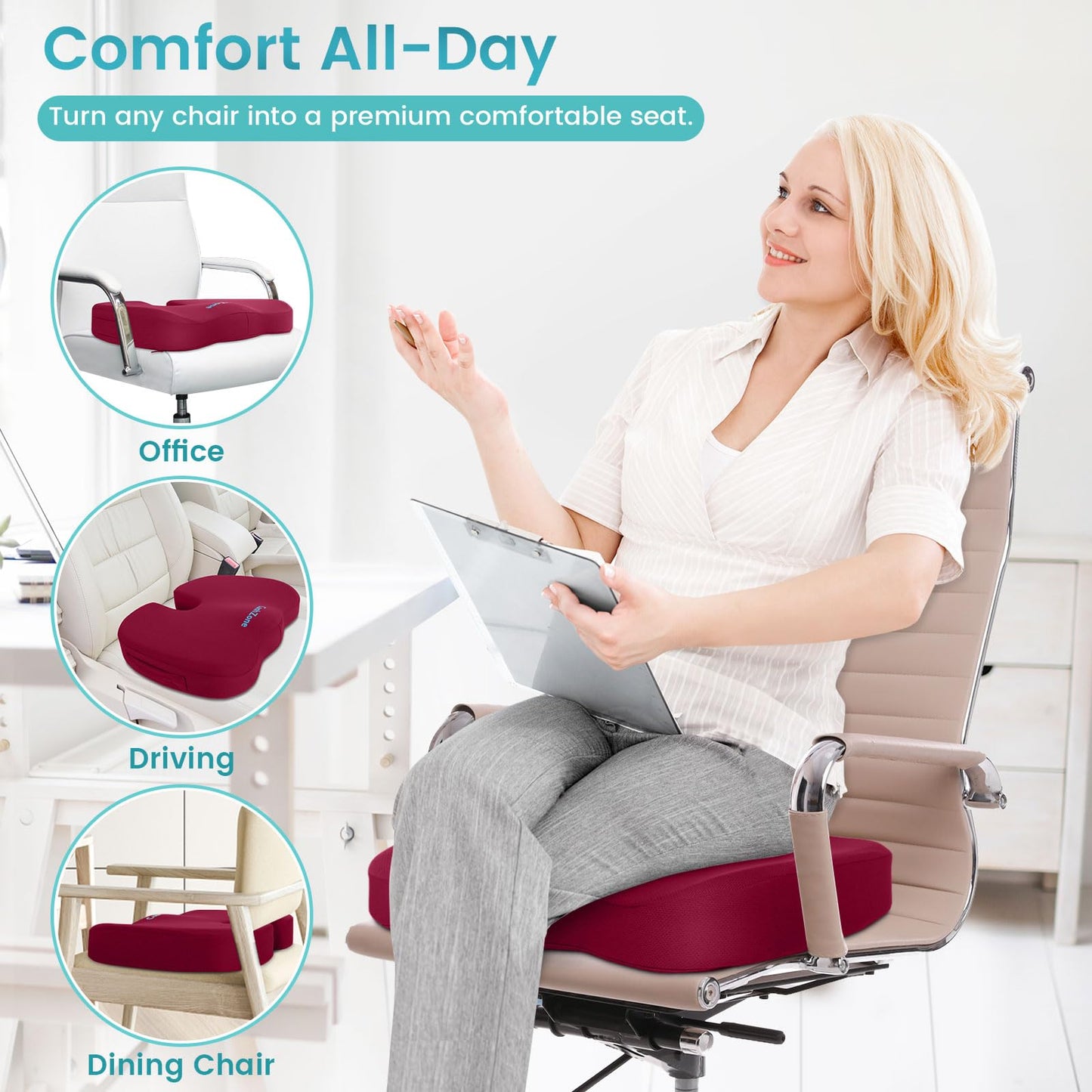 Office Chair Seat Cushion, Cooling Gel Enhanced Memory Foam Cushion for Long Sitting - Back, Sciatica, Coccyx, Tailbone Pain Relief Pillow - for Office, Gaming, Car, Wheelchair - Red, X-Large