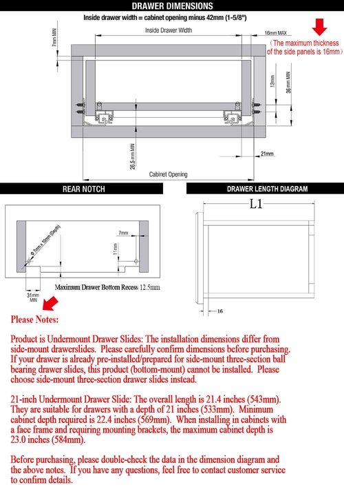 OCG Undermount Drawer Slides 21 inch (1 Pair), Full Extension Soft Close Concealed Drawer Runners, Come W/ Mounting Screws and Brackets, 1 Pair