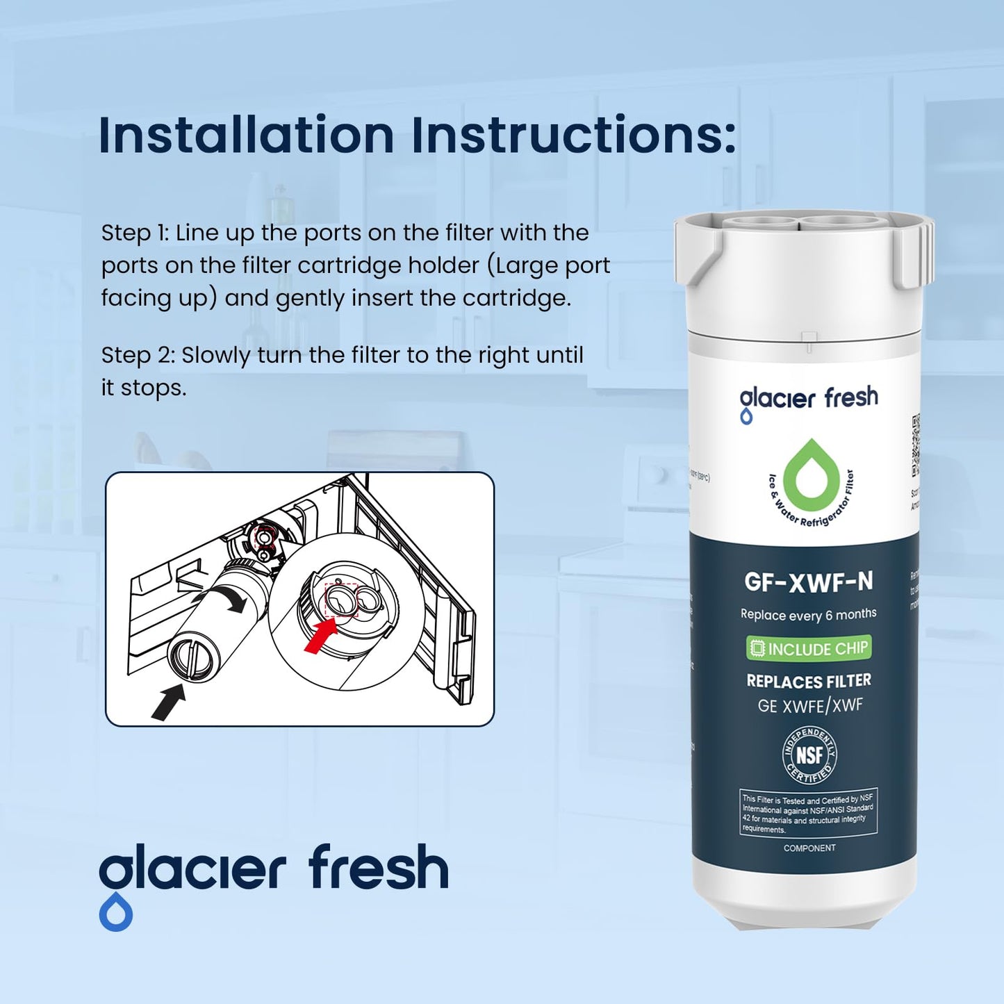 GLACIER FRESH Water Filter Compatible with XWFE (Built-in CHIP), Replacement for GE XWFE, XWF Refrigerator Water Filter NSF/ANSI 42 Certification Pack of 2