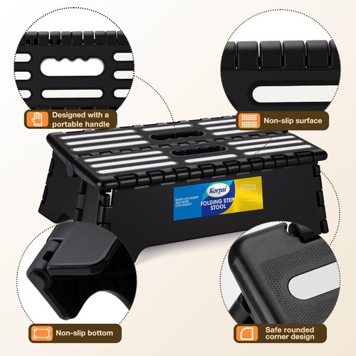 Korpai 5" Folding Step Stool for Adults and Kids 15-Inch Extra Wide Stool Holds Up to 300 lbs,Non-Slip Folding Stools with Handle,Compact Plastic Foldable Step Stool for Bathroom,Kitchen,ect, Black