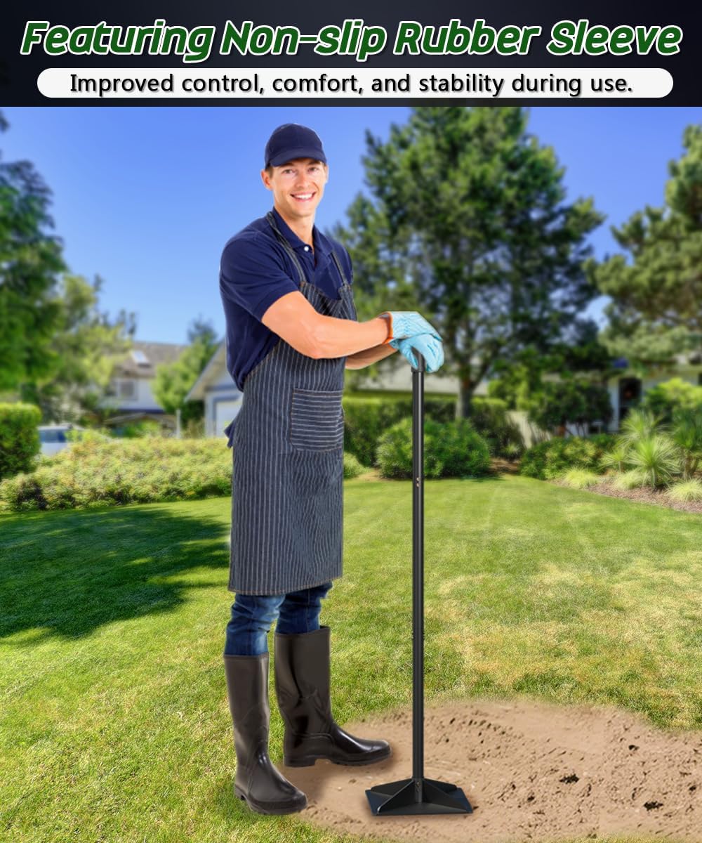 Garden Steel Tamper with 47 inch Adjustable Handle & Rubber Grip, 10" x 10" Heavy Duty Soil Tamper Tool for Ground & Gravel Leveling, Steel Dirt Compactor for Yard, Sand, Asphalt, Driveway