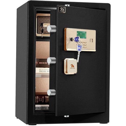 TIGERKING Safe Box,Home Safe,Large Security Box with Double Safety Key Lock and Password for Money and Document,3.7 Cubic Black