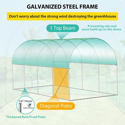 ChicCoutured 15x7x7 ft Walk-in Tunnel Greenhouse with Galvanized Steel Frame & 8 Mesh Windows, Weather-Resistant Outdoor Plant Hot House for Vegetables, Green PE Cover & 2 Roll-Up Zipper Doors