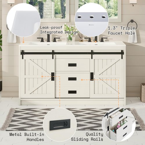 AMERLIFE 61" Farmhouse Double Bathroom Vanity with Sink Combo, Dual Basin Bathroom Storage Cabinet with Sliding Barn Doors & Drawers, Large Double Bath Vanity Sink Set, Rustic White