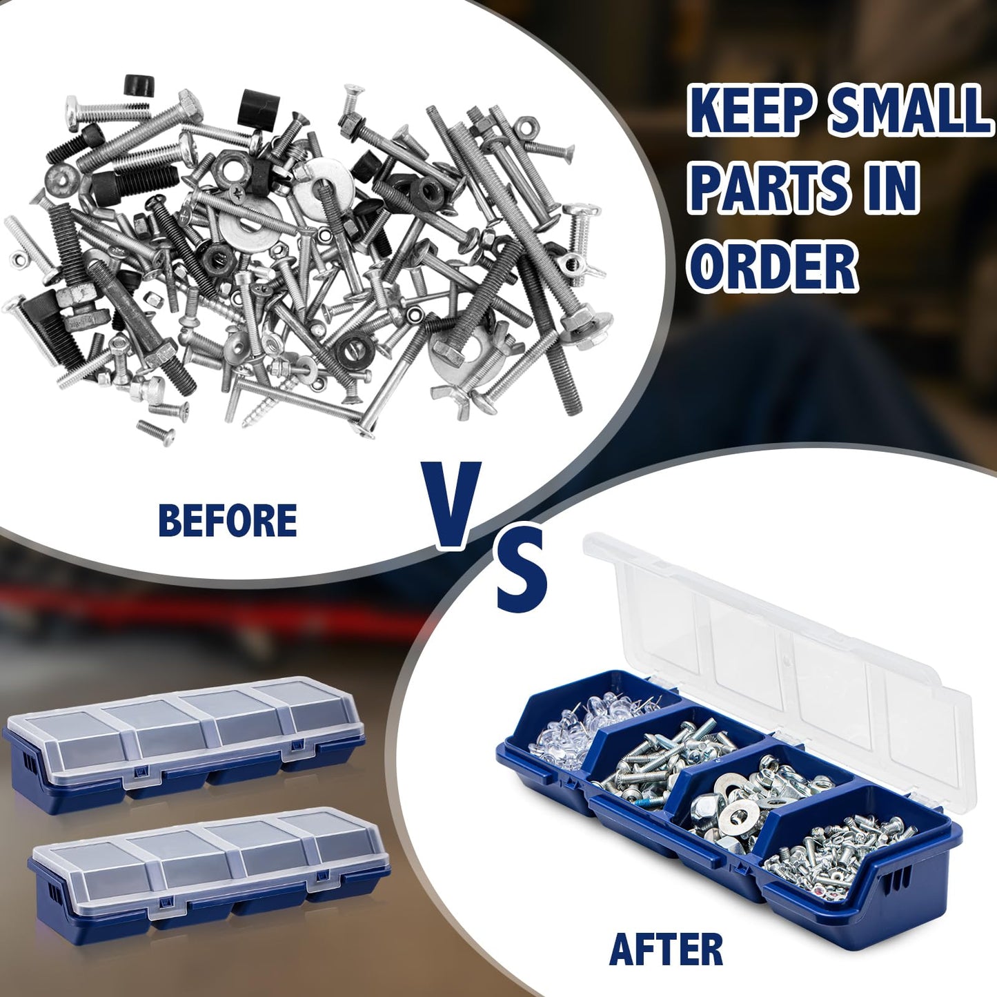 Hushee 6 Pcs Screw Organizer Box with Lid 4 Compartments Small Parts Organizer Plastic Stackable Nut and Bolt Hardware Storage Tool Bin Divider Sorting Screw Box for Workbench Garage (Blue)