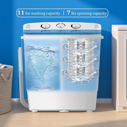 Erivess Compact Mini Twin Tub 18lbs Washing Machine with Drying Rack, 11 lbs Washer Mini Compact Laundry Machine and 7 lbs Spinner, Convenient and Efficient for Dorms, Apartment (Blue)