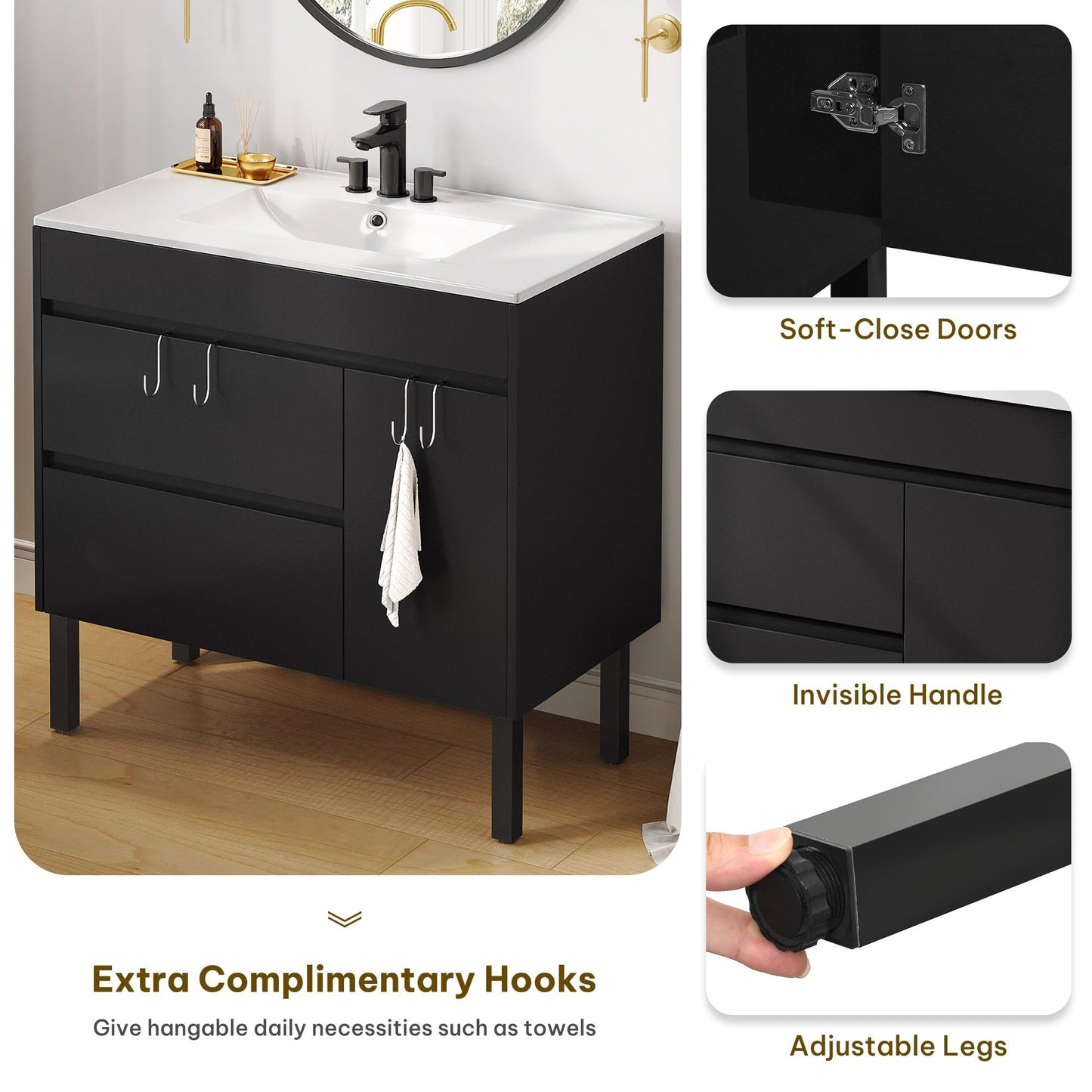 DWVO 36 Inch Bathroom Vanity with Sink, Bathroom Vanity Cabinet, Modern Bathroom Storge Vanity Includes Adjustable Legs, Soft Closing Door, 2 Drawers & Drain