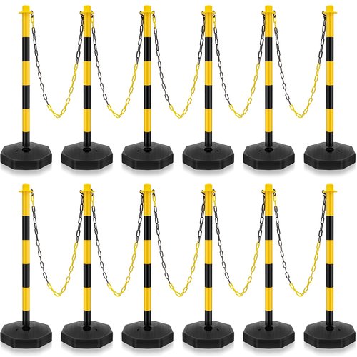 Konohan 12 Sets 34 Inch Parking Cone Delineators Post Traffic Cone Plastic Stanchion Set Stands Parking Barrier with Base 6.6 ft Chain S Hooks Reflective Collar for Crowd Control Construction, Yellow