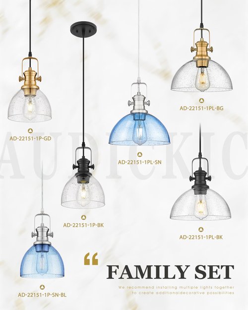 Audickic 2 Pack Pendant Lights Kitchen Island, 7.5" Black Pendant Lighting with Clear Seeded Glass Shade, Farmhouse Hanging Light Fixtures for Dining Room, AD-22151-1P2-BK