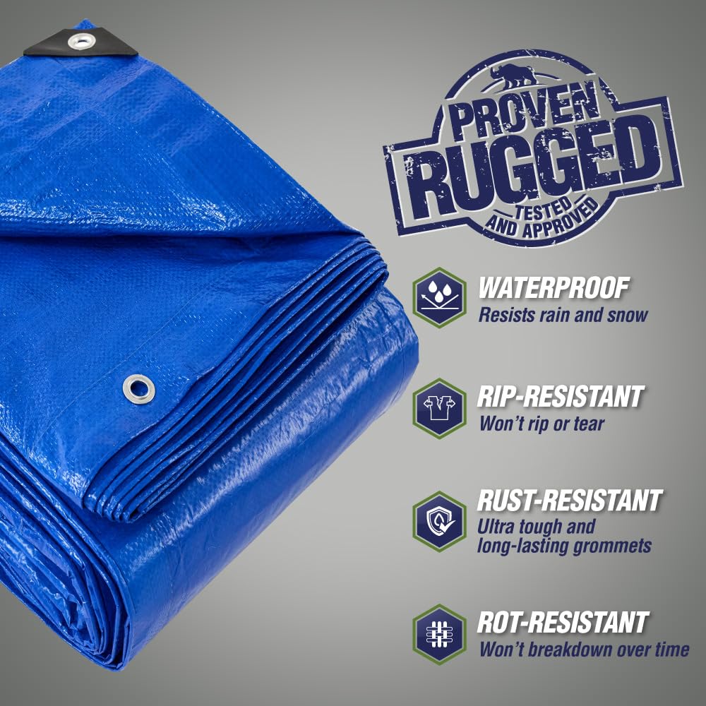 RUGGED RHINO Heavy Duty Waterproof Tarp, UV and Tear Resistant Cover with Reinforced Grommets and Corners, Outdoor Multipurpose Tarps for Camping, Patio, Garden, Car & Roof, 5 Mil, 6x8, 1 Pack, Blue
