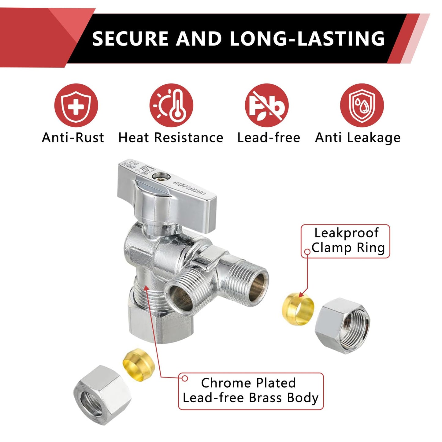 (Pack of 2) EFIELD 1/4 Turn Dual Compression Outlet Angle Stop Valve,1/2" NOM (5/8" OD) x (3/8 inch x 3/8 inch), Chrome Plated Brass Made,(VALVE206)