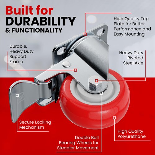 Online Best Service 4 Pack Caster Wheels Swivel Plate On Red Polyurethane Wheels (3 inch with Brake)