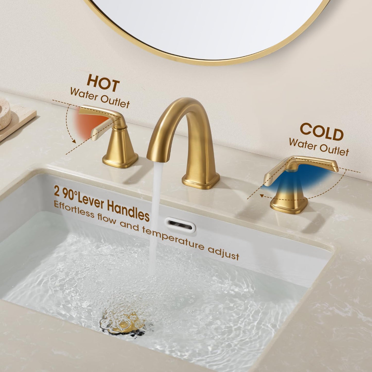JABBOL Gold Bathroom Faucet,Brushed Gold Bathroom Faucet,Brass Sink Faucets,Bathroom Faucet 3 Hole Brushed Nickel，with Pop Up Drain Supply Hose for Vanity,Lavatory RV Farmhouse