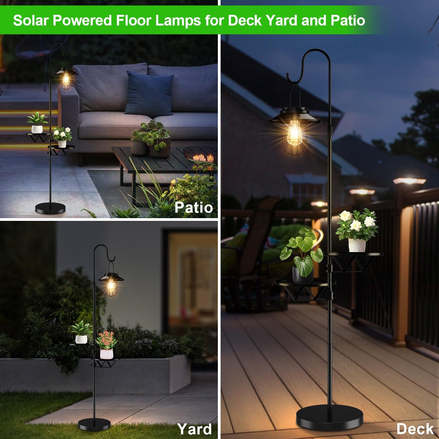 XPSCOCO 60" Solar Light with Plant Stands, Outdoor Floor Lamp, Waterproof Metal Hanging Solar Lantern for Patio Deck Porch Yard Garden Decor