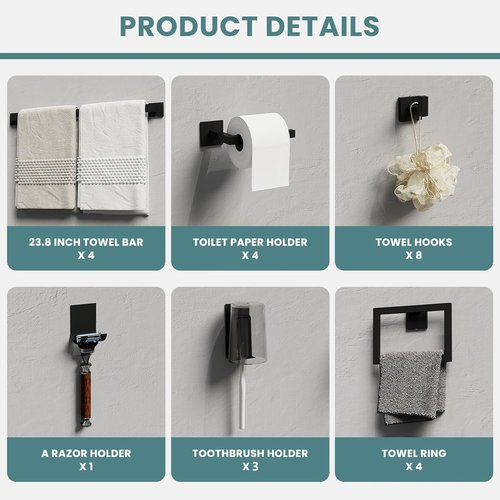 Noliven 24 Pieces Bathroom Hardware Set, 23.6 Inch SUS 304 Stainless Steel Matte Black Bathroom Accessories Set, Towel Racks for Bathroom Wall Mounted, Toilet Paper Holder, Toothbrush Holder