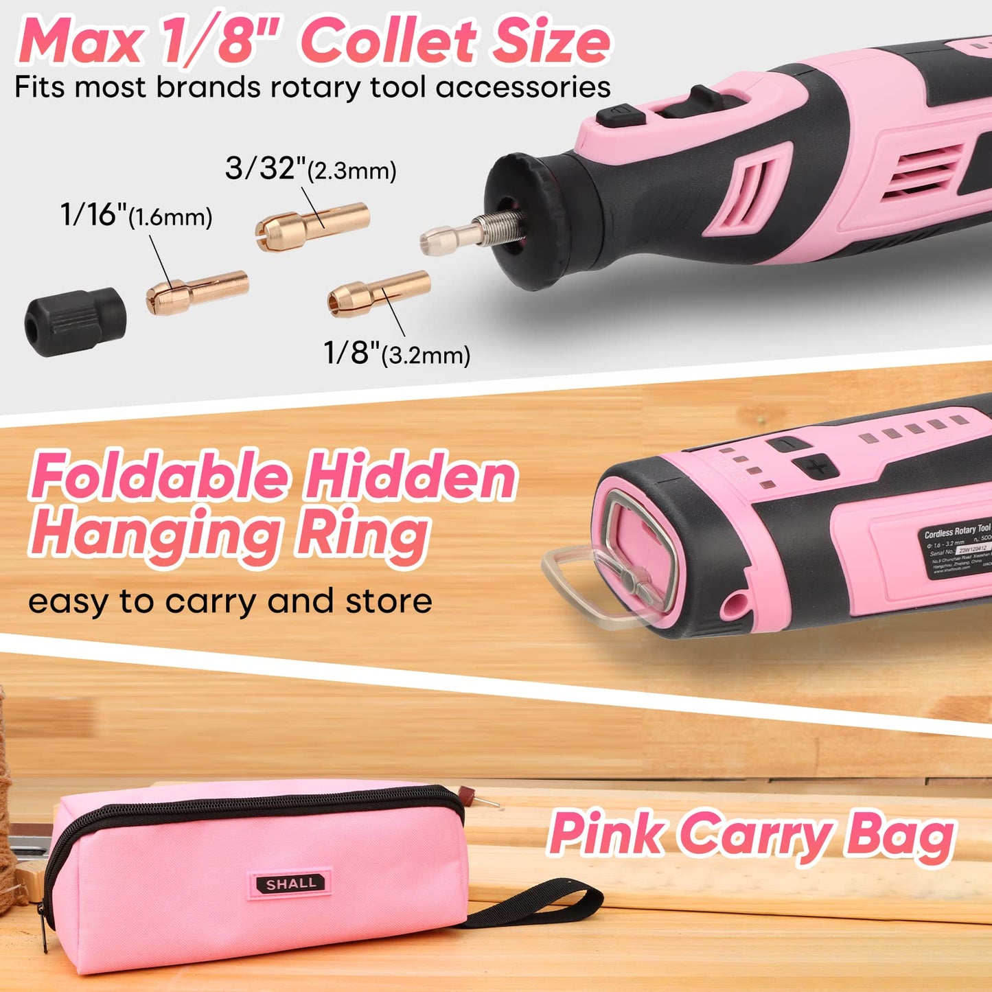 SHALL 8V Cordless Rotary Tool Kit, Pink Lightweight 2.5 Ah Battery Rechargeable Rotary Tool w/ 121 Accessories, 5-Speed Power Rotary Tool for Sanding, Carving, Polishing, Engraving, Pet Grooming