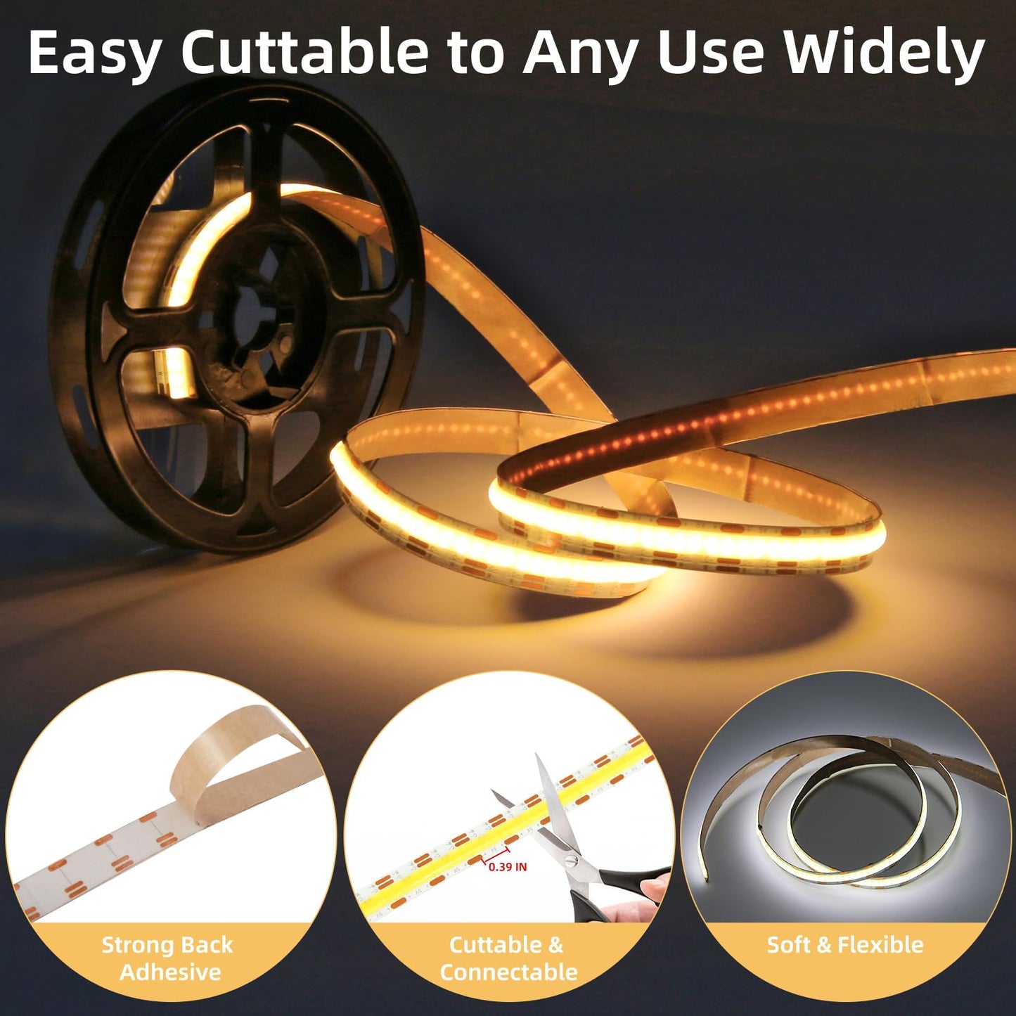 COB LED Strip Lights 5V USB 3.28ft/1m 640LEDs Dimmable LED Lights 6000K White 10W Flexible LED Light Strips Under Cabinet Tape Lights for Bedroom Kitchen DIY Lighting Room Decor TV Backlight