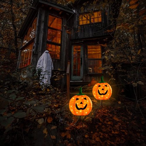 DAYLIGHTIR Solar Halloween Pumpkin LED Lights, Set of 2 Big Pumpkin Stake Lights 2 Modes for Outdoor Halloween Pathway Yard Garden Decoration (Warm White-Pumpkin, 2 Pack)