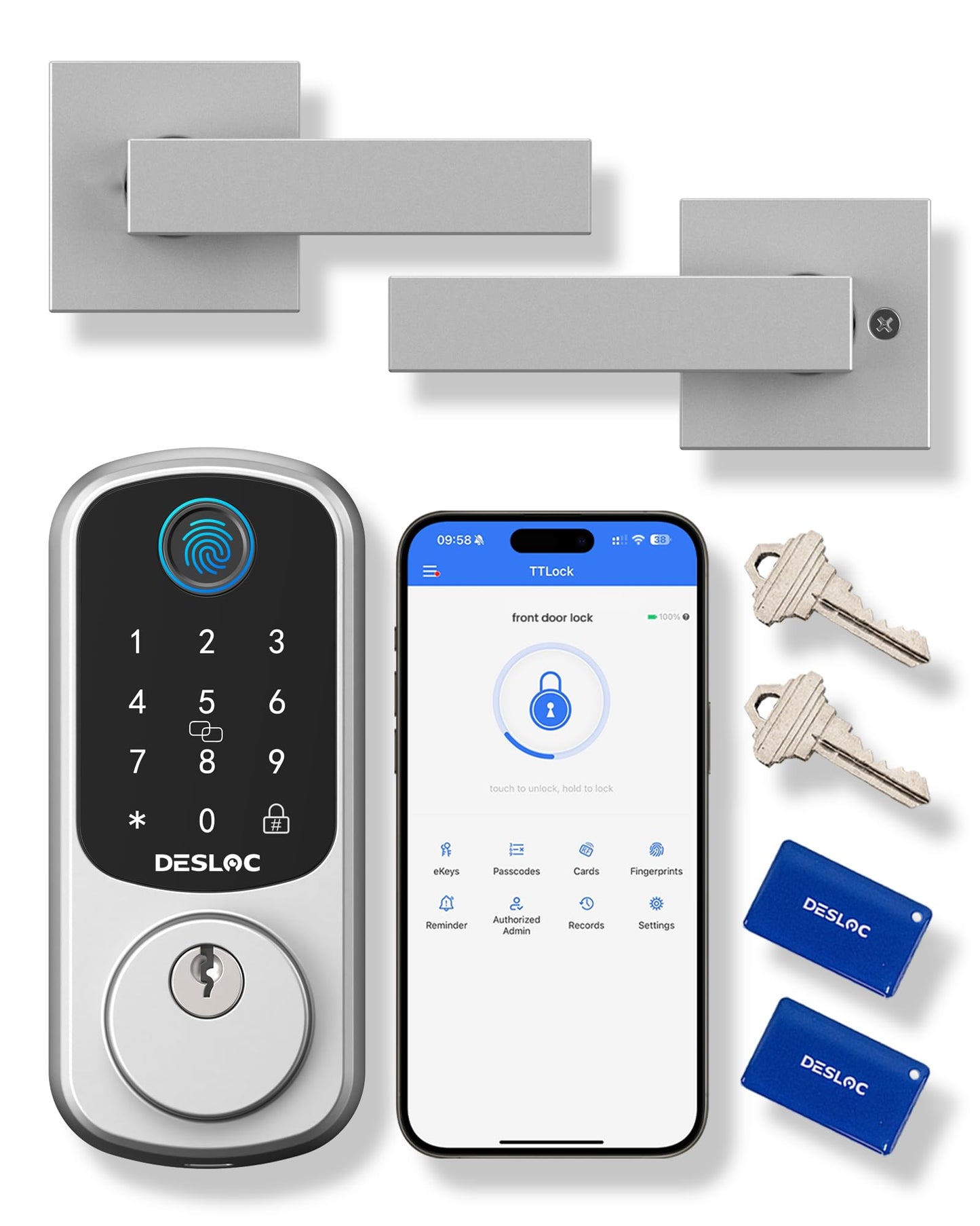 DESLOC B200 Fingerprint Smart Lock with 2 Durable Lever Handles, Keyless Entry Front Door Lock Set, Electronic Keypad Deadbolt, App Control, DIY Installation, Designed for a Secure DESLOC Home, Silver