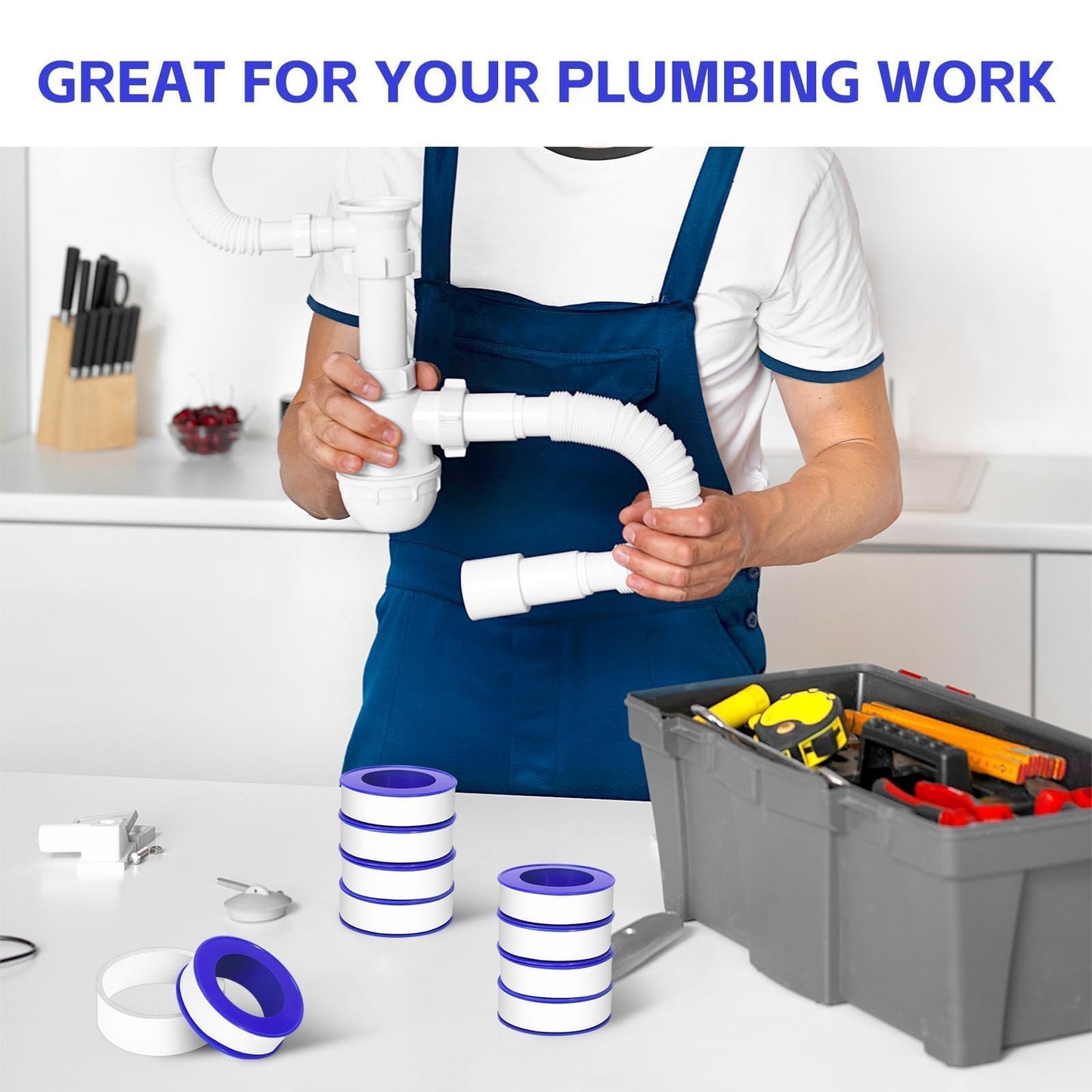 KUQQI 12 Rolls Teflon Tape for Plumbers, 1/2 x 520 Inches PTFE Thread Seal Tape, White Pipe Sealant for Shower Head, Water Pipe Sealing and Leak Prevention, Sealing Tape for Threaded Connections
