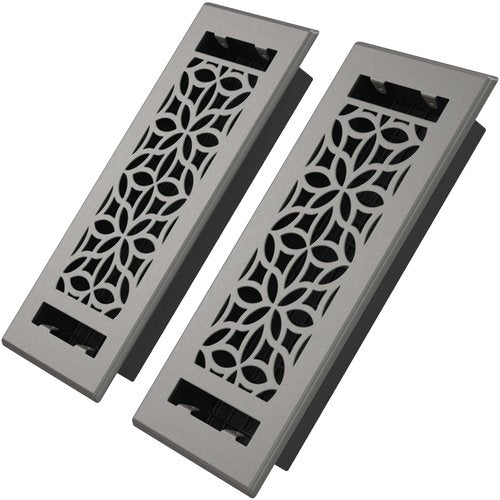 Floor Register 4x10 Vent Cover – 2 Pack – Heavy-Duty Steel, Rustproof & Walkable Grates, Easy Drop-in Install, Adjustable Air Supply Switch - Decorative Floral Design, Brushed Nickel
