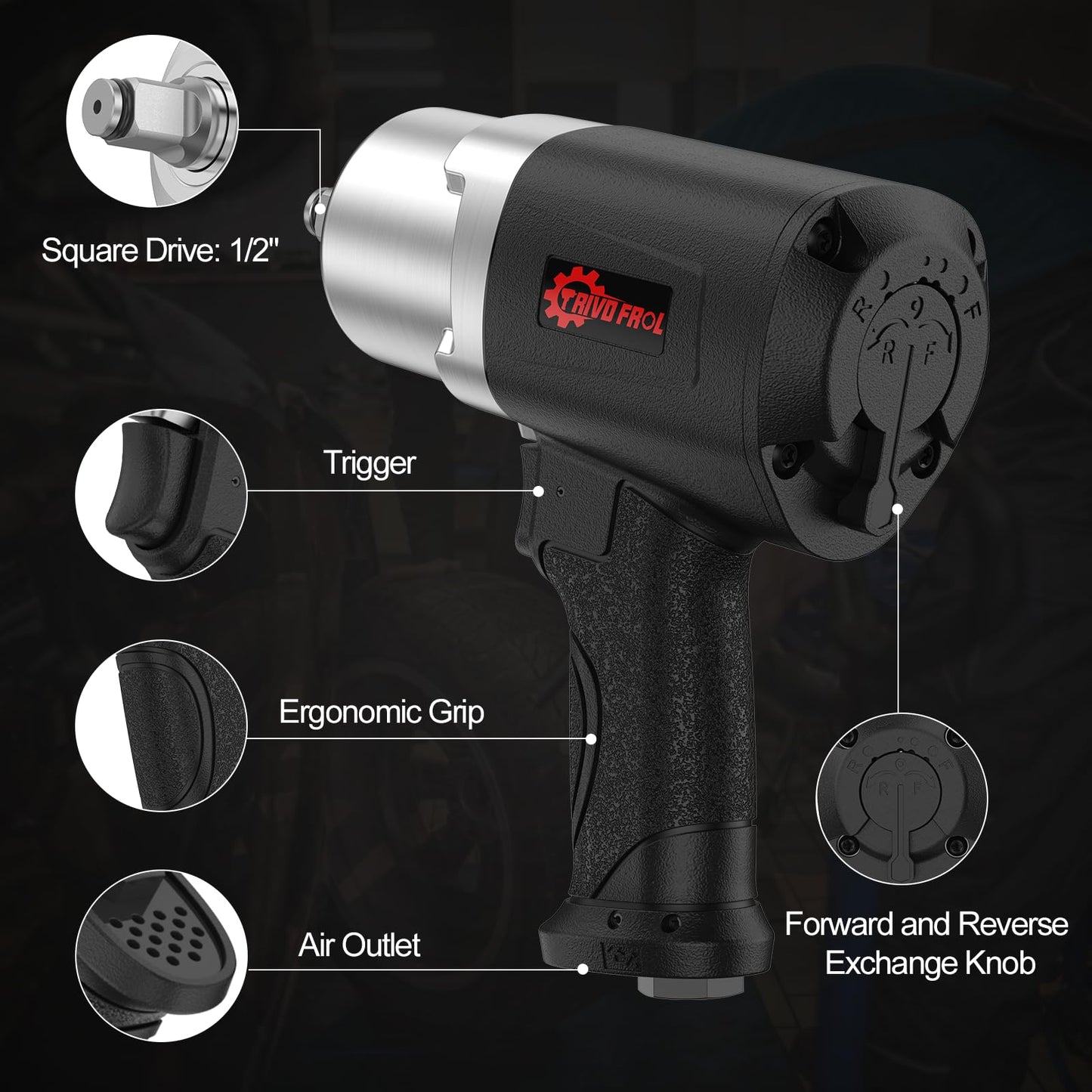 Trivd Frol Air Impact Wrench 1/2" - 1/2 Inch Impact Gun 1/2 Drive, 1500Ft-lbs, 8000RPM High Torque Impact Wrench, Weight 4.74 lb, 1/2 Air Impact Gun for Auto Repair, Tire Shop