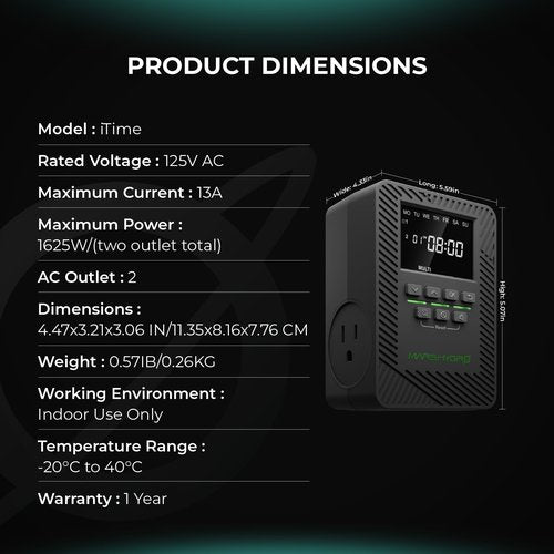 2025 MARS Hydro ITime 2-in-1 Smart Timer Outlet Dual Outlet App Control Custom Programmable 12 On/Off Heavy Duty Plug-in Outlet Timer with Countdown Setting