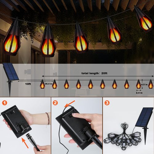 Solar String Lights Outdoor Waterproof, 20ft Outdoor Solar String Lights, Gazebo Lights, Solar Flame Lights with 10 Flickering Flame Bulbs for Outside Camping Backyard Garden Decor