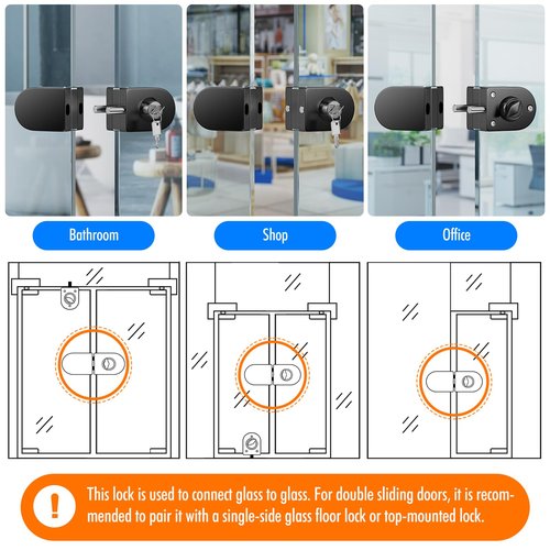 Ranbo Frameless Double-Sided Glass Door Lock,No-Drill, 304 Stainless Steel,Suitable for 3/8''-1/2''(10mm-12mm) Sliding Glass Doors, Office Doors, Commercial Doors, Includes 3 Keys, Brushed Black