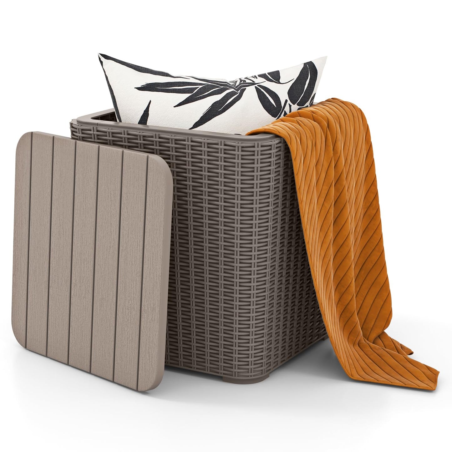 Tangkula 11.5 Gallon Water-proof Deck Box, Outdoor Patio Storage Box w/Removable Lid &, Faux Rattan Storage Container Side Table, All Weather Patio Furniture Extra Seat for Poolside (Brown)