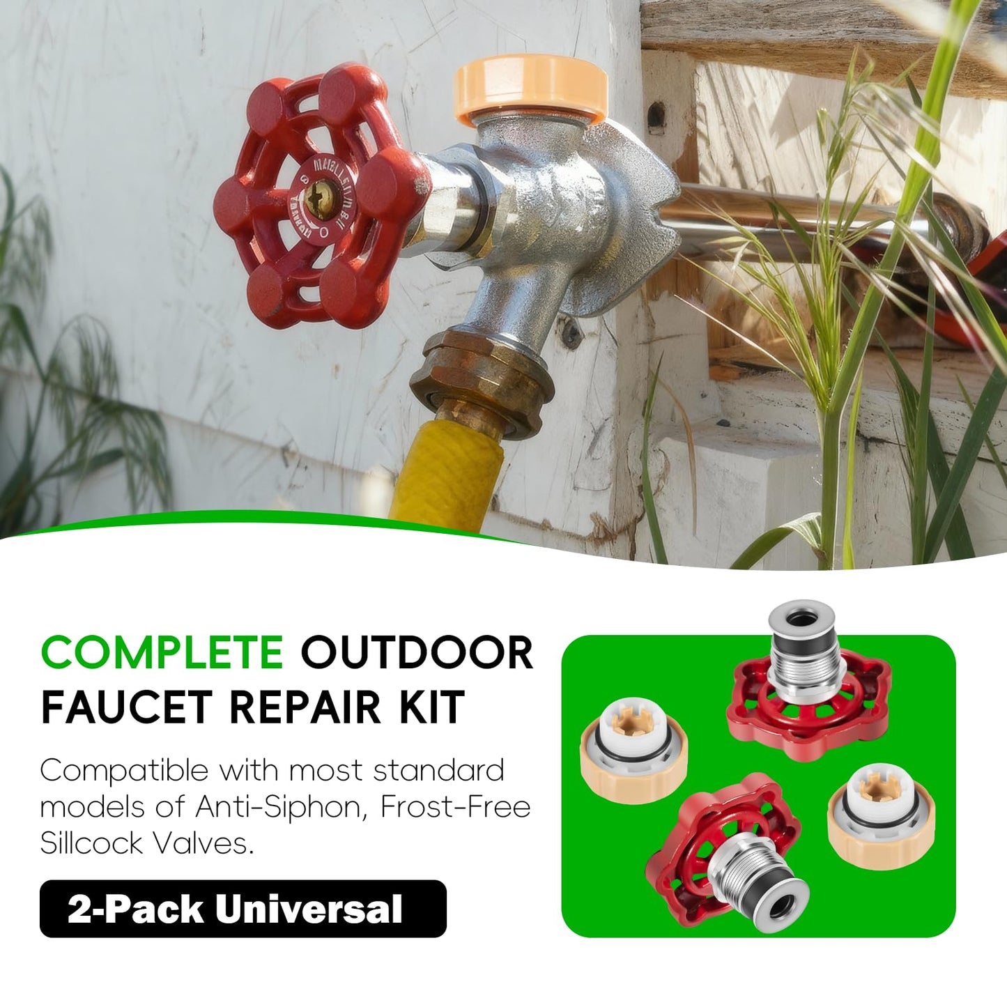 2-Pack Universal Outdoor Faucet Repair Kit with VACVBKX1B Vacuum Breaker Kit, Anti-Siphon Frost-Free Hose Bib Sillcock Valve Replacement, Wall Hydrant Complete Replacement Kit