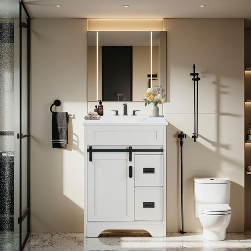 SmartEdge 24 Inch Farmhouse Bathroom Vanity with Sink Combo, White with Sliding Barn Doors and 2 Drawers, Freestanding Bathroom Cabinet, Single Bath Storage Vanity Ceramic Sink, White