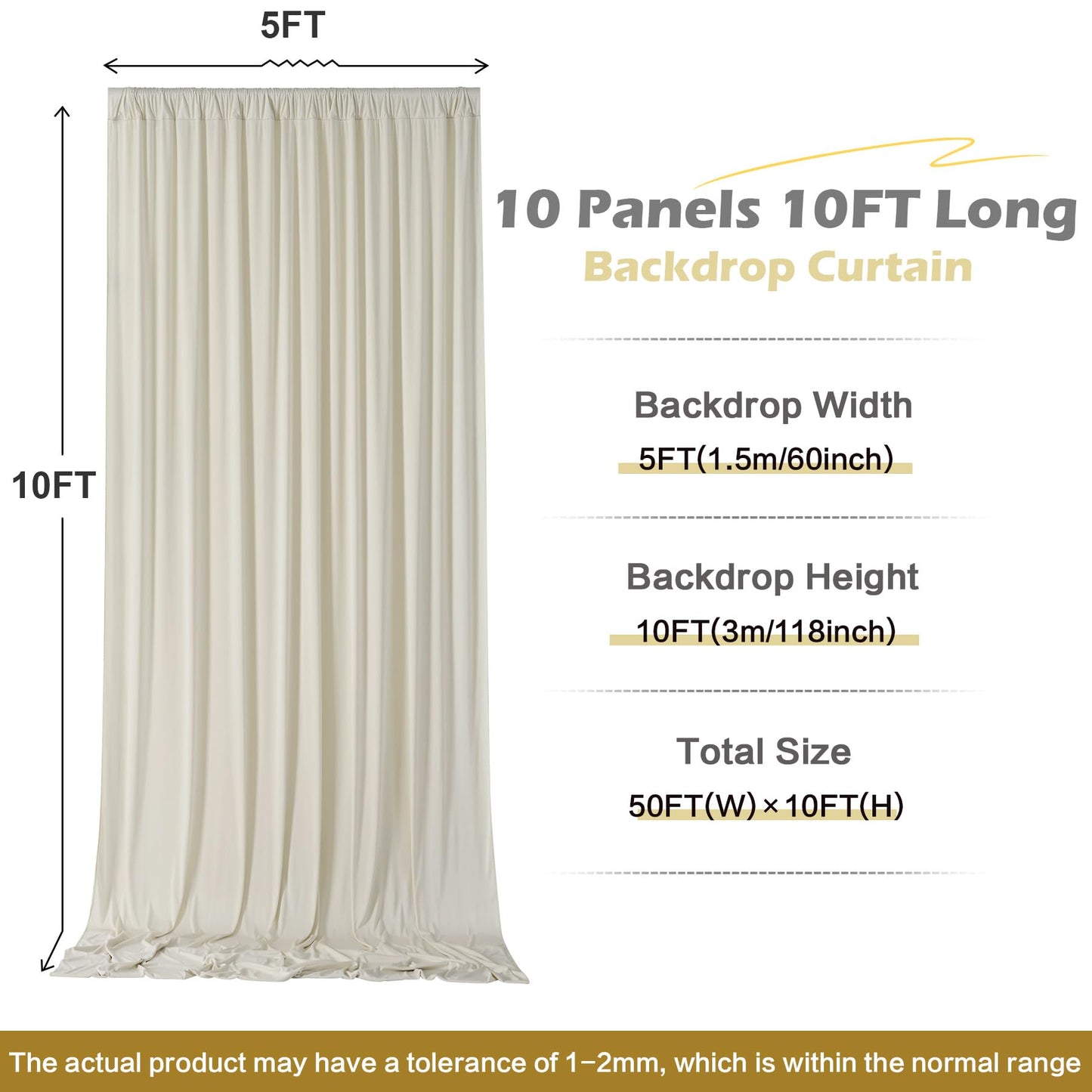 50 ft x 10 ft Wrinkle Free Champagne Backdrop Curtain for Parties, 10 Panels 5x10ft Silky Polyester Wedding Backdrop Drapes Photo Back Drop Cloth for Birthday Baby Shower Photography Background