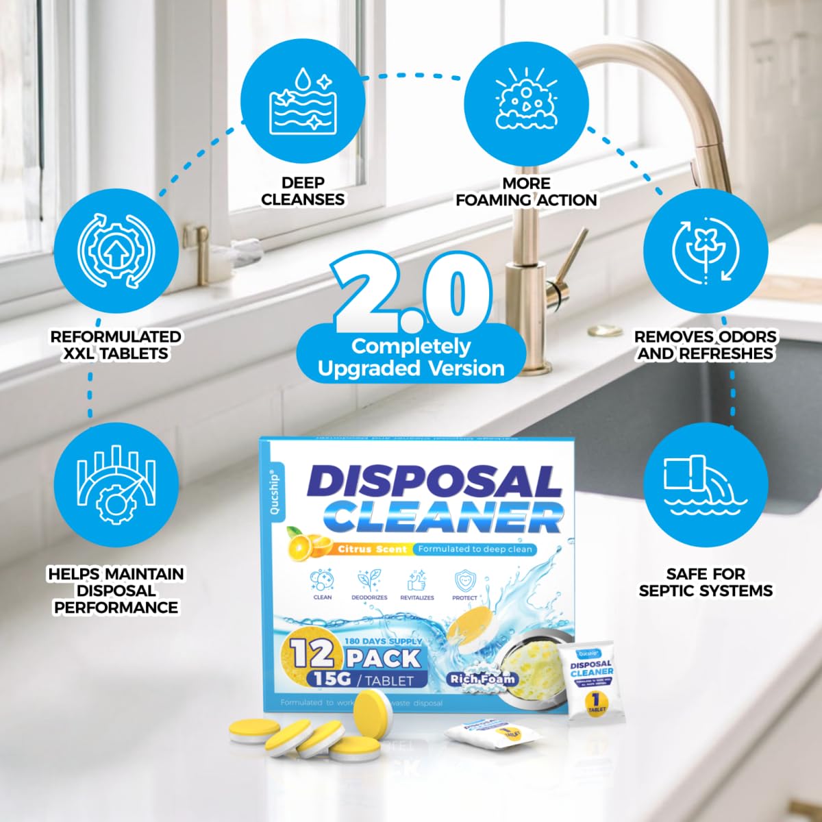 Qucship Garbage Disposal Cleaner Tablets - 12 Pack, XXL Foaming Disposal Cleaner - Powerful Deep Cleaning & Grease Remover, Septic Safe Kitchen Sink Drain Care for Maintenance