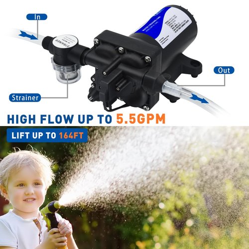 TDRRICH Water Pressure Booster Pump for House，110V RV Water Transfer 5.5GPM 30PSI-75PSI Self-priming Pump,Diaphragm Power Water Pumps for Boats Inline Garden Hose Lawn Camper Sprinkler Irrigation