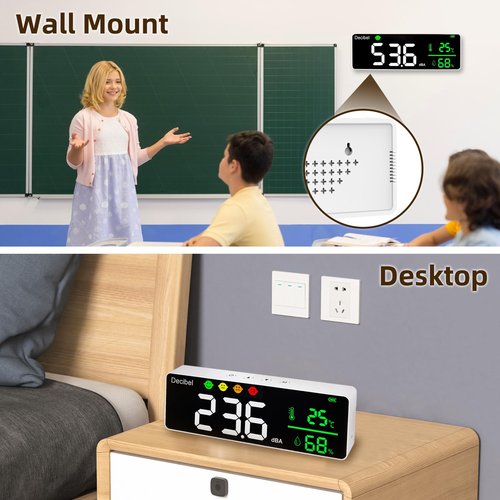 Sound Decibel Meter Wall, Sound Level Meter Wall Hanging, Classroom Noise Meter, 30-130db Decibel Meter Sound, Large LED Display Noise Temperature Humidity Meter for Classroom, Studio, Home, Factory