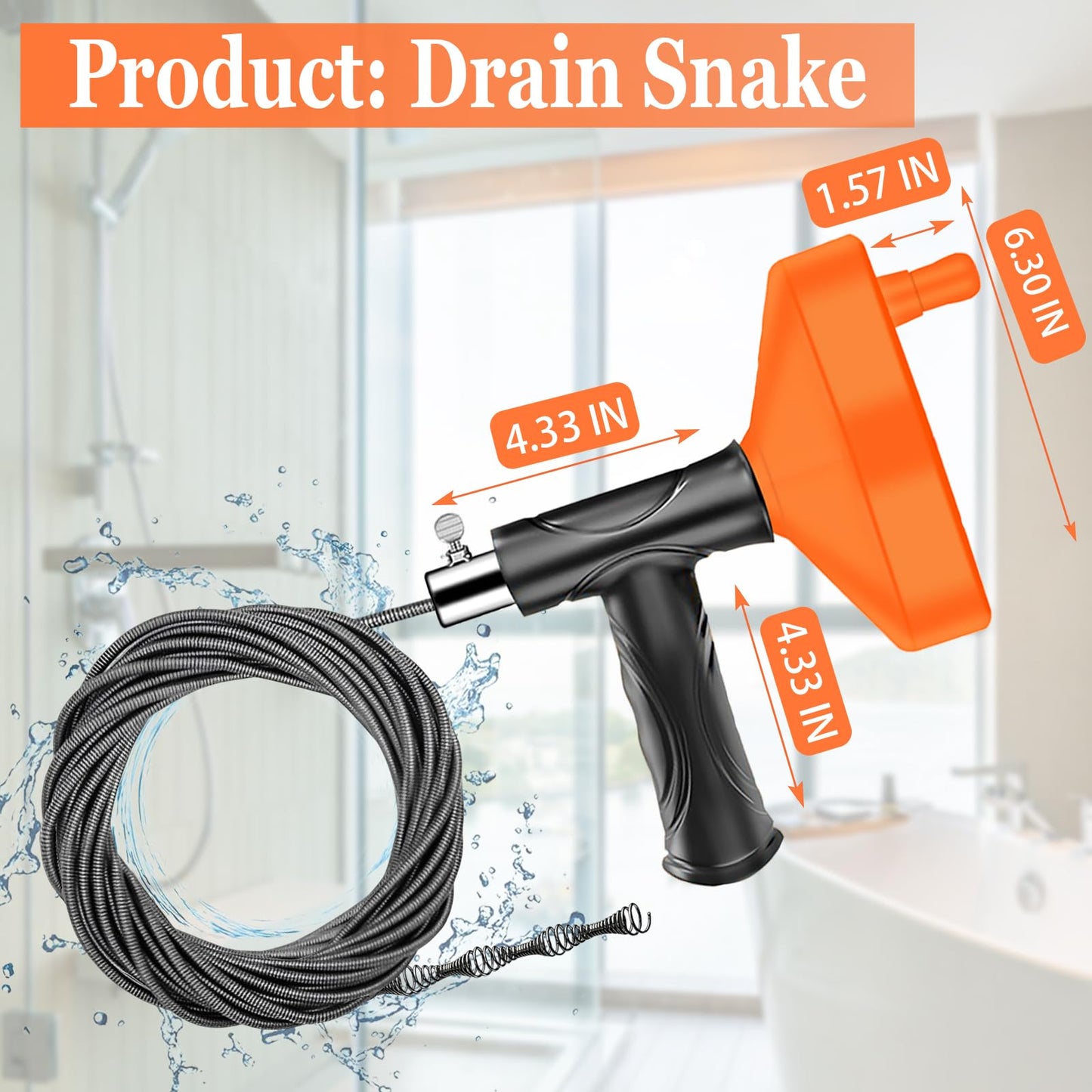 33 Feet Drain Snake Auger, Plumbing Snake Drain Hair Clog Removal Tool, Sink Unclogger Drain, Heavy Duty Drum Auger, Cleaner Tool for Bathroom Kitchen Tub Shower Drain Clog Remover with Gloves，Orange
