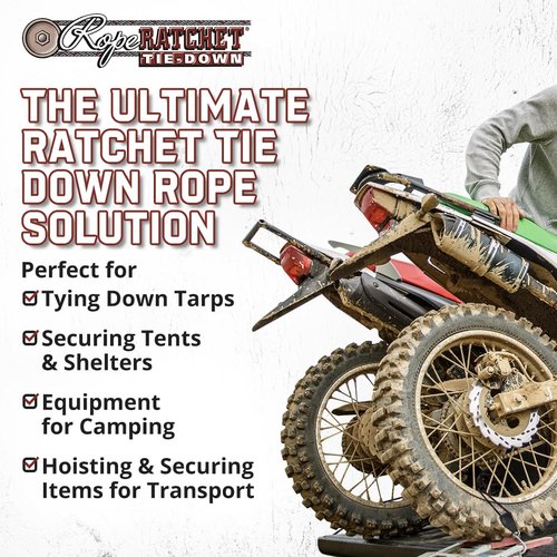 Rope Ratchet 1/4" Adjustable Pulley System, Heavy-Duty Locking Strap for Hoisting, Tarp Tie Down, Gear Securing, Tent Setup, Grow Light Hanging, 8' Braided Polypropylene Rope, 150 lb Capacity