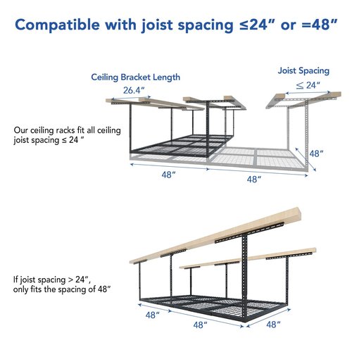 FLEXIMOUNTS 4x8 Overhead Metal Garage Storage Rack w/Hooks Adjustable Ceiling Storage Rack, 96" Length x 48" Width x 40" Height, 22''-40" Ceiling Dropdown, Black