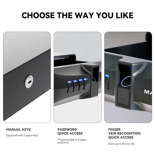 Drawer Safe with Super Biometric Finger Vein Recognition Lock for Two Pistols Storage Safe Quick Access with Biometric Fingerprint Under Desk Drawer Gun Safe for Home and Vehicle