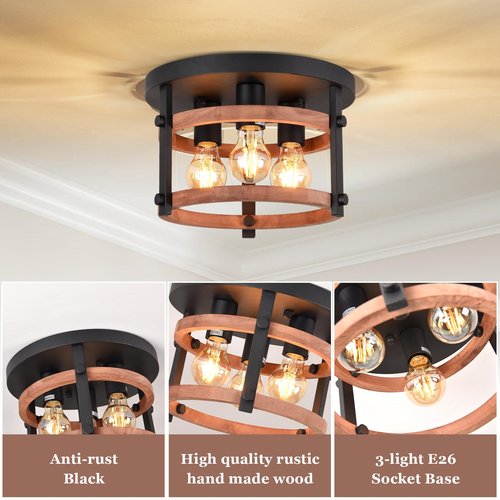 3-Light Flush Mount Wood Ceiling Light Black Metal and Round Wood Frame Hallway Ceiling Light 12 inch Retro Rustic Light Fixtures for Farmhouse, Kitchen, Foyer,Entryway, Bedroom, Dining Room