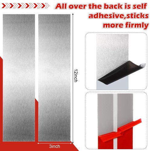 Otoolling 6 Pcs Door Scratch Protection Plate Door Metal Kick Plate 3" x 12" Self Adhesive Stainless Steel No Drill KickPlate for Interior, Exterior Doors, Sliver