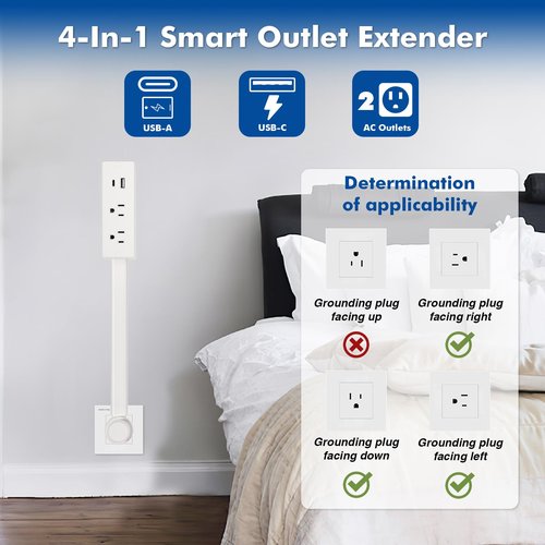 Electrical Outlet Extender Stick with USB-A & USB-C, 2 AC Outlets, 22"-34" Extendable Rotating Outlet Plugs Stick, 180° Rotatable, ETL-Certified, Phone Ledge for Couches, Nightstands, Desks, and More