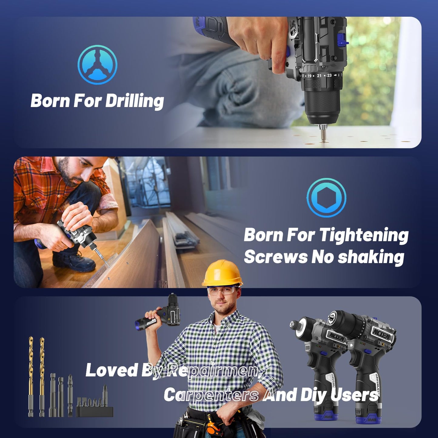 NCOEN 12V Cordless Drill and Impact Driver Power Tool Kits Combinados with 2 Batteries and Fast Charger (3/8"Drill & 1/4"Hex Impact Driver) for Home Installation,DIY tools